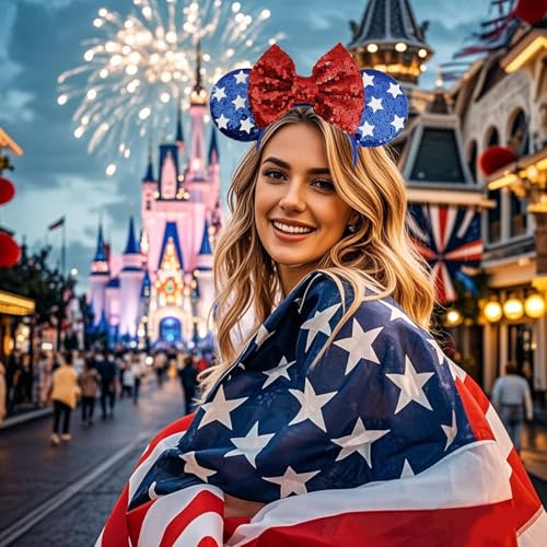 Roffiy Star 4th of July Headband – Red Glitter Bow, Blue Ears with White Stars