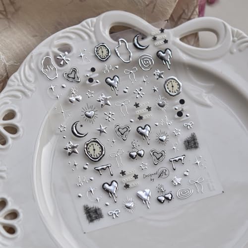 NBNTGH Silver Heart & Star Nail Art Stickers with Metal 5D Embossed Decals - Color02