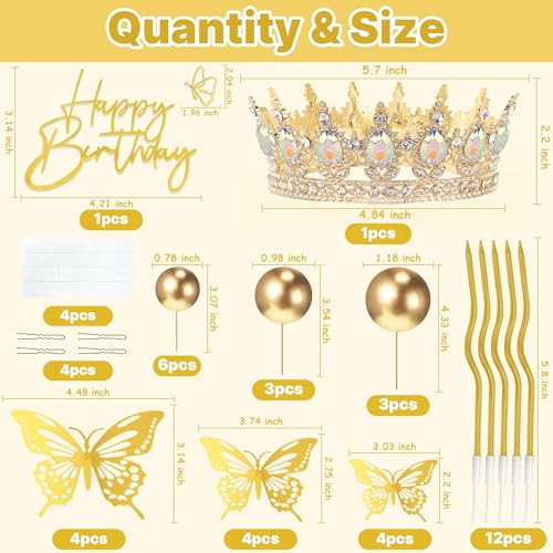 Gold Crown Happy Birthday Cake Topper Set with Butterflies & Candles