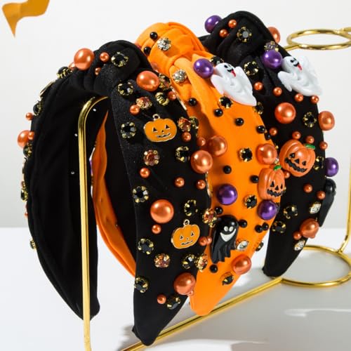 Black Pumpkin Headband for Halloween | Gothic Pearl & Rhinestone