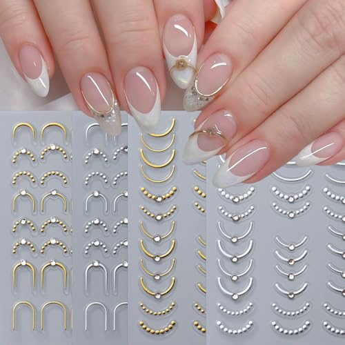 4 Pcs French Line Nail Art Stickers with Rhinestones - Self-Adhesive 5D Designs