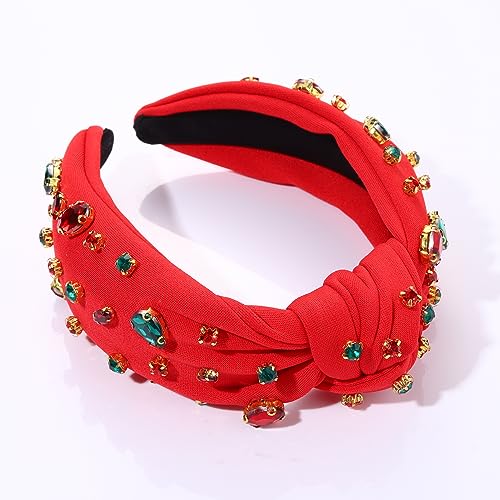 HSWE Red Crystal Knotted Christmas Headband for Women & Girls Holiday Party Accessory
