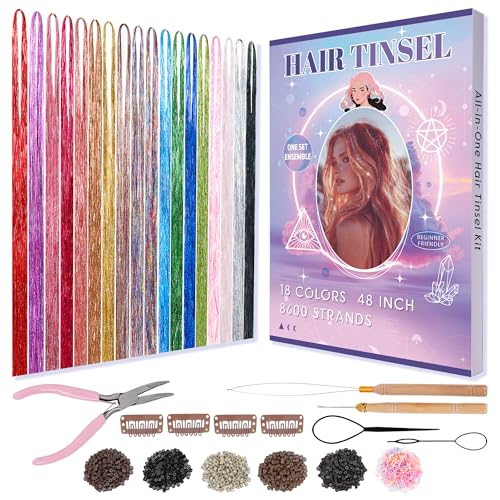 Hair Tinsel, 18 Colors Fairy Hair Tinsel Kit for Teen Girls 8600 Strands Heat Resistant Glitter Hair Extensions for Christmas Party Festival(18 Colors 48 Inches)