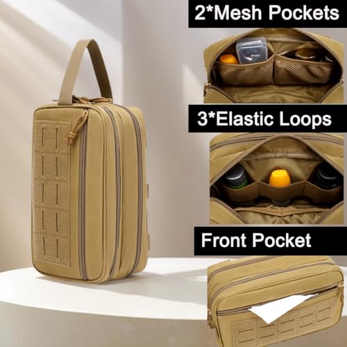 Khaki Tactical Toiletry Bag for Men – MOLLE Dopp Kit with Wet/Dry Separation