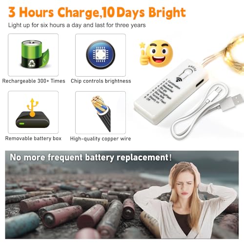 Rechargeable Fairy Lights 6 Pack | 7ft 20LED String Lights with Remote & Timer - Warm White