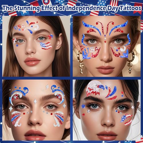 Yosca 6Pcs Independence Day Face Stickers - 4th of July Red White Blue Temporary Tattoos