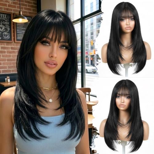 ZRLK 20-Inch Black Layered Straight Wig with Bangs - Beginner Friendly