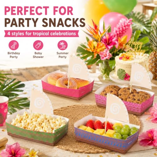 24pcs Hawaiian Party Supplies - Disposable Boat Plates with Bamboo Sticks & Flags