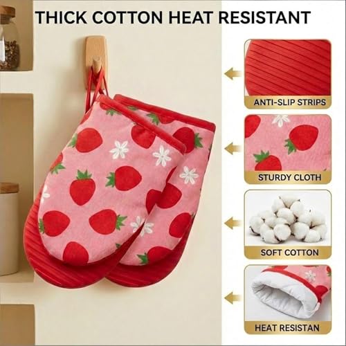 Cute Strawberry Mini Oven Mitts Set - 2-Pack Heat-Resistant Kitchen Gloves