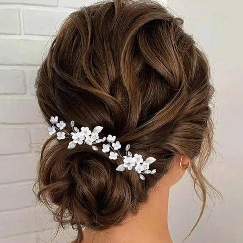HEREAD Silver Flower Bridal Hair Pins - Elegant Crystal Hair Clips (2 Pack)