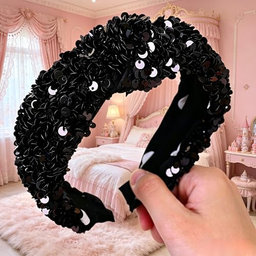 CAUDIO Black Sparkly Sequin Knot Headband for Women - Stylish Party Hair Accessory