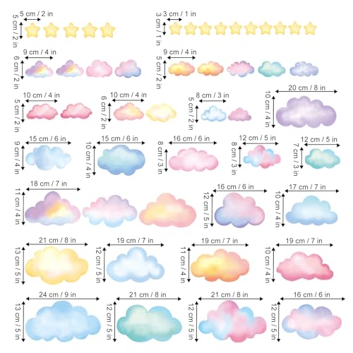 Soft Pastel Watercolor Cloud and Star Wall Stickers for Nursery