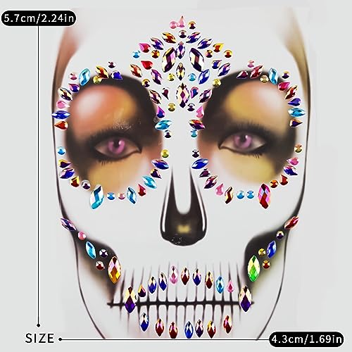 Doneace Style3 Blue Halloween Skeleton Face Gems & Rhinestone Tattoos - Reusable Face Stickers