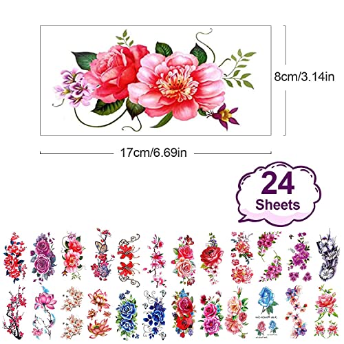 PHOGARY 24-Piece Large Flower Temporary Tattoos - Waterproof Stickers