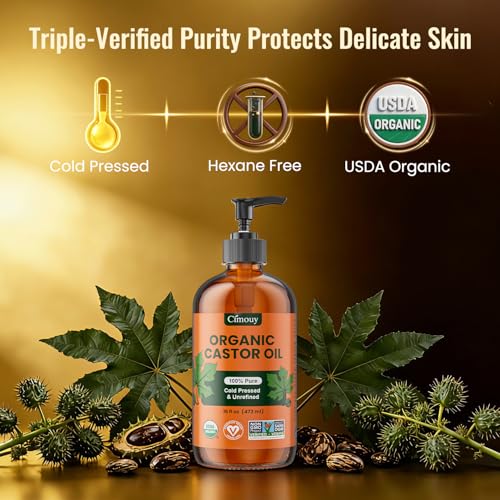 USDA Organic Castor Oil Glass Bottle 16oz, Hexane Free, Vegan, EWG Verified 100% Pure Castor Oil Organic Cold Pressed for Hair Growth | Face Skin | Eyelashes Brows | Body Massage Castor Oil Pack Wrap