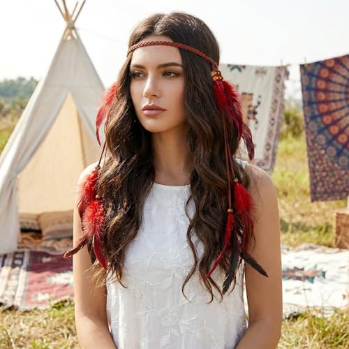 Vibrant Red Boho Indian Feather Headdress - Adjustable Festival Headband