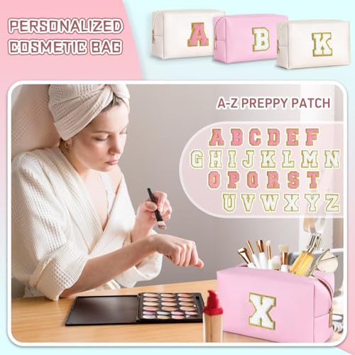 TOPEAST Personalized Chenille Letter Makeup Bag - Waterproof Travel Pouch