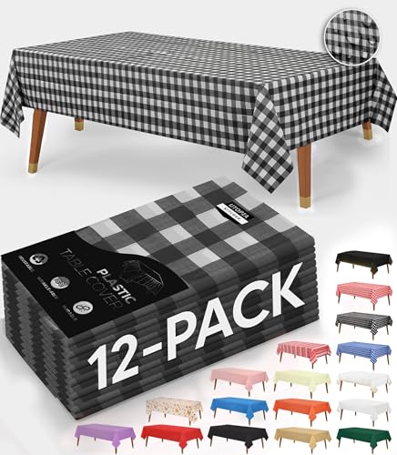 Disposable Black Check Plastic Tablecloths - 12 Pack, 54x108 inches