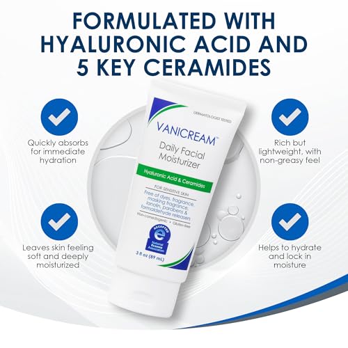Vanicream Daily Facial Moisturizer 3 Fl Oz - Non-Greasy Hydration with Hyaluronic Acid & Ceramides for Sensitive Skin