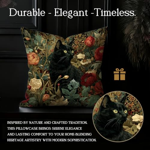 William Morris Inspired Vintage Black Cat Floral Pillow Cover - 18x18