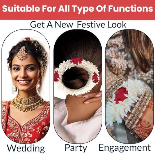 Sniptrend Mogra Scented Hair Rubber Band Gajra with Jasmine Flower Design - 1 Pack of 1, White & Red Petals, Traditional Hair Accessory for Women & Girls