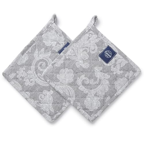 Encasa XO Heat-Resistant Quilted Pot Holders - Set of 2, 8"x8" Grey