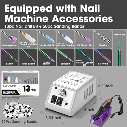 LAVAED Professional Electric Nail Drill Kit - Grey-White, Low Noise & Vibration, Includes Drill Bits & Sanding Bands