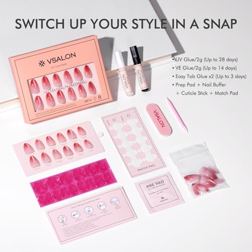 VSALON Short Almond Press On Nails Kit - Pink Cat Eye Ombre, 32 Pcs
