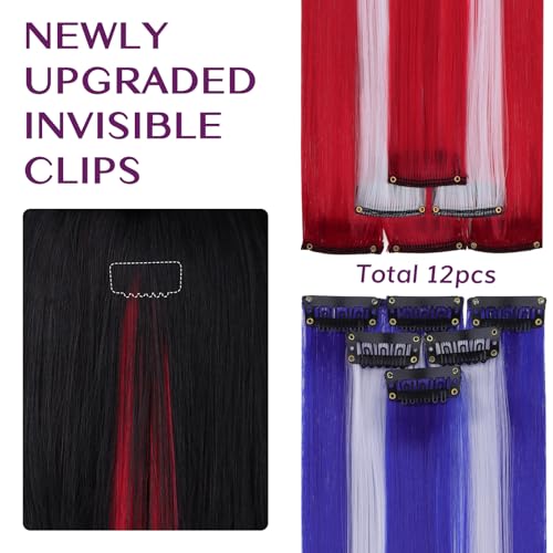 IDN BEAUTY 12Pcs Patriotic Clip-In Colored Hair Extensions, 24-Inch
