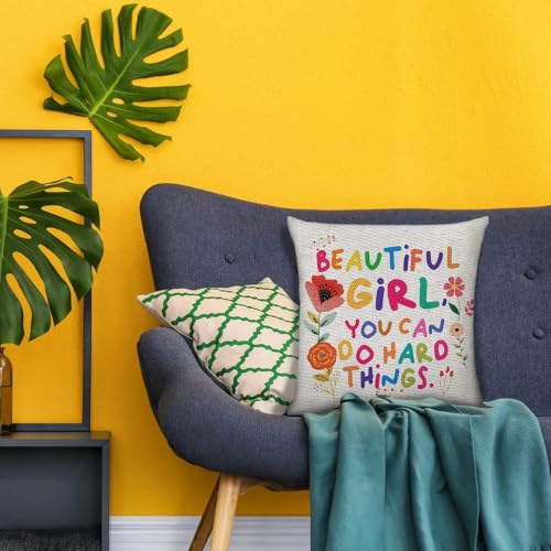 Beautiful Girl You Can Do Hard Things Inspirational Pillow Cover - 18x18