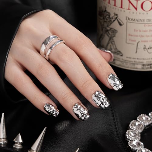 VSALON Short Square Press-On Nails C2-Iron Women Silver Metallic Chrome 3D