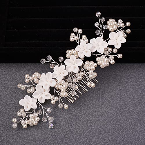 Dainty Silver Flower Pearl Rhinestone Bridal Hair Comb for Wedding