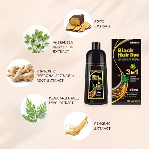 Bablabear Black Hair Dye Shampoo for Gray Hair, Semi-Permanent Hair Color Shampoo for Women and Men, Grey Coverage.500ml