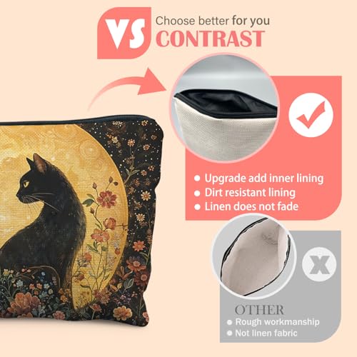 Witchy Cat Makeup Bag for Women - Black Linen Cosmetic Pouch for Travel