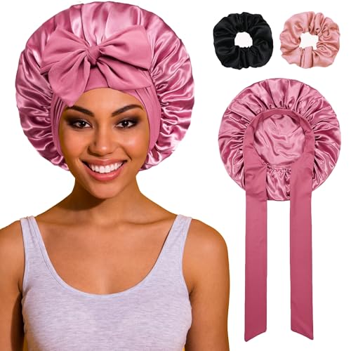 ROYBENS Satin Bonnet with Tie (Set C) - Reversible Silk Sleep Cap for Women, Extra Large