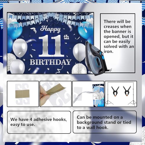 11th Birthday Banner Backdrop - Navy Blue Balloons & Confetti