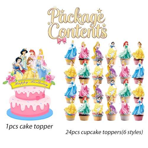 25 Pcs Cartoon Birthday Cake Toppers with Happy Birthday Sign