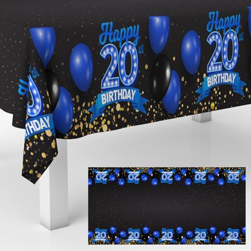 Happy 20th Birthday Tablecloth - Blue & Black Glitter Design, 53x108 inches