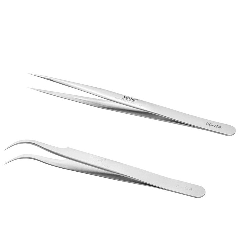 EMEDA Eyelash Extension Tweezers 2 Pieces VETUS Straight and J Curved Tweezers for Eyelash Extensions Precision Lashing Tweezers Professional Tools for Isolation Classic Volume Lash Extensions