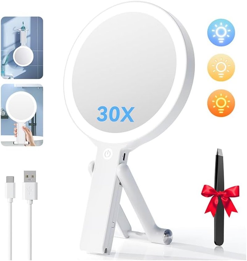Travel Makeup Mirror with Lights - Double-Sided 30X/1X Magnifying | Portable Handheld with 3 Color Lighting & Adjustable Brightness