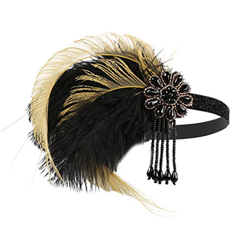 B-yellow Roaring 20s Great Gatsby Flapper Headband with Feather – Women’s Art Deco Hair Accessory