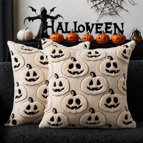 Halloween Pumpkin Pillow Covers Set of 2 - 18x18 Soft Plush Decor