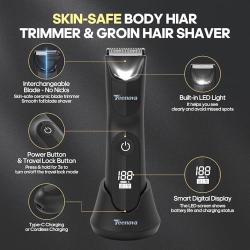 Manscape Body Hair Trimmer for Men, No Nick Pubic Bikini Trimmer for Women, 3 in 1 Versatile Groin Shaver with Nose Hair Trimmer, Cordless Dock Charging, LED Display, Wet/Dry Grommer (Black)