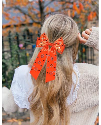 Large Halloween Hair Bow Clip - Pattern H Rhinestone Ghost & Pumpkin Ribbon