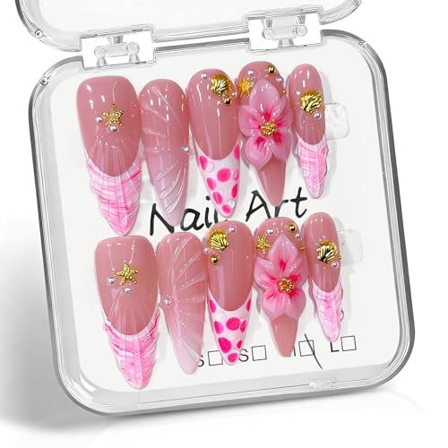 MOGOXION Handmade Long Stilettos Acrylic Press On Nails 3D Flowers Shell Design - Size M, 10 Pcs (Variation: Handmade Long Stilettos03)