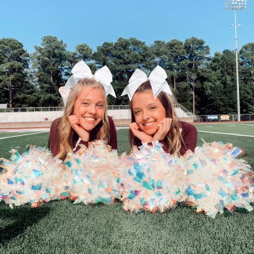 Aileam 2Pcs Glitter White Rhinestone Cheer Bows 7" Large Ponytail Holders