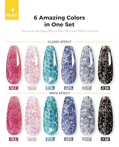BURANO Glitter Poly Extension Gel Nail Kit with 6 Colors for DIY Nails