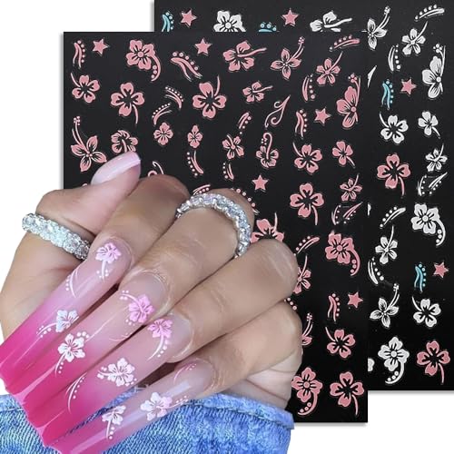 Hibiscus Flower Nail Stickers - 6 Sheets Self-Adhesive Tropical Decals