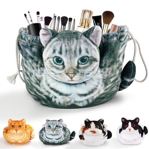 Grey Tabby Cat Drawstring Makeup Bag - Cute Cosmetic Case for Women