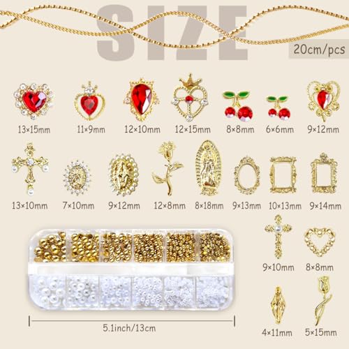 SilkRoselw 80pcs Gold Cross and Red Heart Nail Charms Set for Acrylic Nail Art